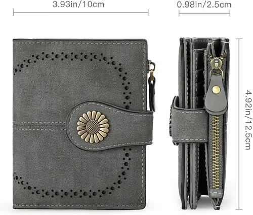 Vista 3 de SENDEFN Cartera pequeña de cuero plegable para mujer, con bloqueo RFID y bolsillo para monedas con cremallera, 1-gris, Cartera pequeña para mujer