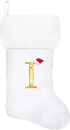 Vista 115 de Calcetines de Navidad bordados de 20 pulgadas con monograma, terciopelo negro con puño de felpa blanca supersuave, adornos clásicos para decoración