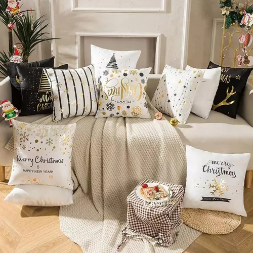 Vista 6 de Juego de 4 fundas de almohada de Navidad de 18 x 18 pulgadas, fundas de almohada doradas con estampado de copos de nieve a rayas, fundas de cojín
