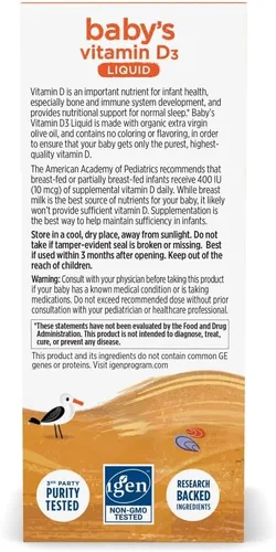 Vista 6 de Nordic Naturals Baby's Vitamina D3, sin sabor, 0.76 onzas, 400 UI de vitamina D3, huesos saludables, apoyo al sistema inmunológico, ritmos normales