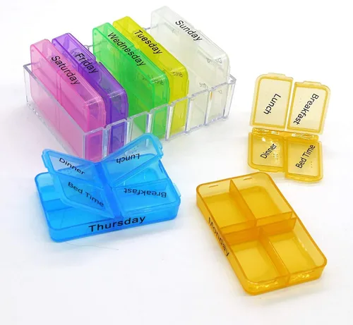 Vista 7 de Pastillero semanal 4 veces al día, extraíble, pastillero portátil para 7 días por la mañana, mediodía, noche, pastillero, contenedor hermético