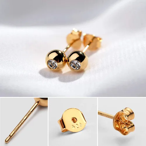 Vista 3 de Aretes de bola de oro para mujer, aretes de circonita cúbica de oro de 14 quilates, hipoalergénicos, sin níquel