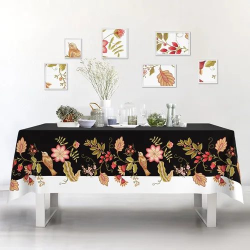Vista 2 de Mantel de tela impermeable con diseño de pájaros blancos y negros, rectangular, a prueba de arrugas, resistente al aceite, para mesa de comedor