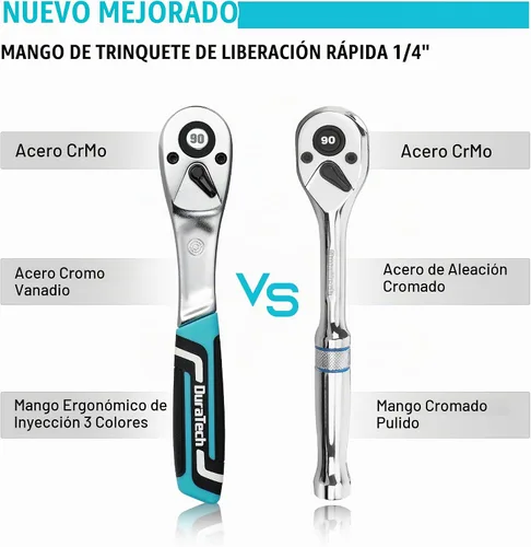 Vista 3 de DURATECH Trinquete de 1/4 de pulgada, llave de trinquete de liberación rápida de 90 dientes con mango de inyección de cojín, llave ergonómica