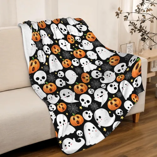 Vista 30 de Manta de Halloween para bebé, diseño de calabaza, fantasma, telaraña, súper suave, manta acogedora para recién nacido, manta de recepción para bebé
