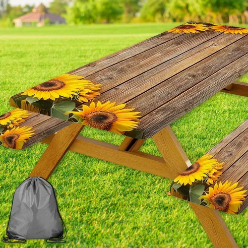 Vista 37 de Funda para Mesa de Picnic con Fundas para Bancos y Bolsa, Campista de Madera Impermeable Resistente al Viento, Cubierta de Mantel Ajustada con Borde