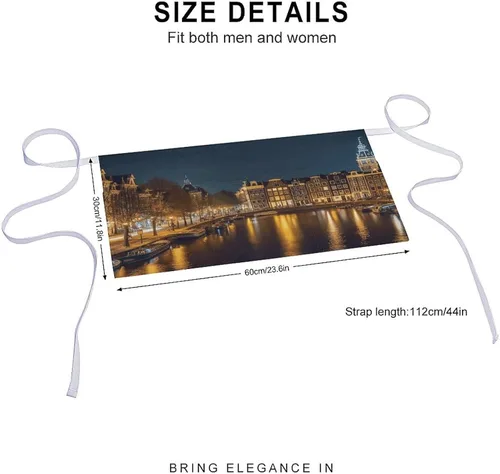 Vista 2 de Amsterdam Night View Print Server Aprons with 3 Pockets, Cute Waist Apron, Waterproof Half Apron for Cooking, Painting, Kitchen Baking, Service