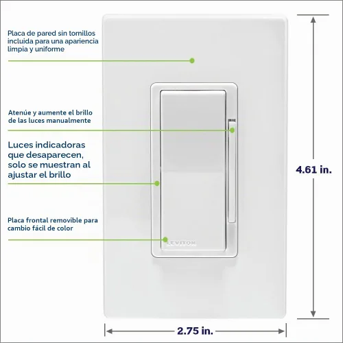 Vista 6 de Leviton Decora Smart interruptor regulador de intensidad, 0-10V, Wi-Fi, requiere cable neutro, funciona con Matter, My Leviton, Alexa, Google
