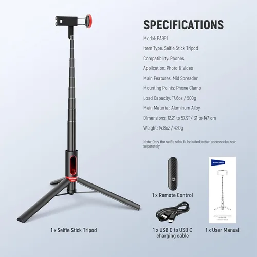 Vista 8 de NEEWER Basics PA991 Trípode selfie stick compatible con iPhone Samsung Android, trípode portátil de metal de 147 cm, ligero para viajes, soporte