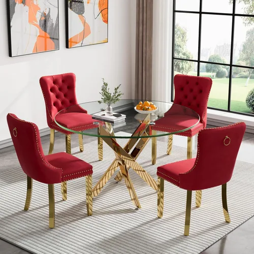 Vista 121 de Juego de mesa de comedor SSLine moderno de 3 piezas con mesa redonda de vidrio para 2, lujosa mesa de comedor circular de 36" con tapa de vidrio