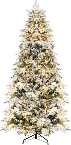 Vista 21 de HAPPYGRILL - Árbol de Navidad artificial preiluminado de 2.1 m, árbol de Navidad con nieve flocada y 320 luces LED multicolor, 8 modos de Snow Pe