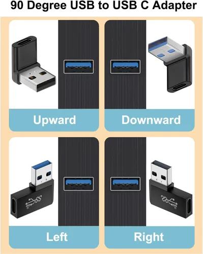 Vista 2 de Jadebones Adaptador USB a USB C de 90 grados (paquete de 4), ángulo vertical hacia arriba y hacia abajo, horizontal a la izquierda y en ángulo recto