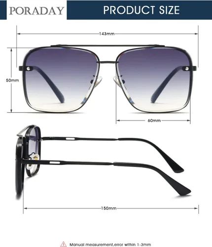 Vista 7 de PORADAY Gafas de sol cuadradas de aviador para hombres y mujeres, a la moda, de gran tamaño, gafas de sol de piloto, montura de metal vintage, tonos