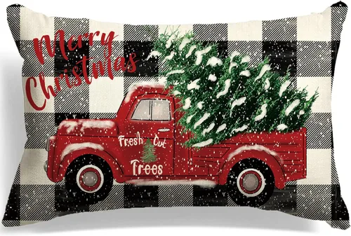 Vista 8 de Funda de almohada con texto en inglés "Merry Christmas", color verde, decoración de Navidad, funda de cojín de lino, 12 x 20 pulgadas