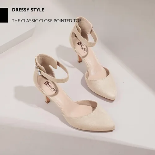 Vista 4 de IDIFU IN3 D'Orsay Zapatos de tacón bajo para mujer, zapatos de vestir puntiagudos con puntera cerrada, correa de tobillo para novia, elegante