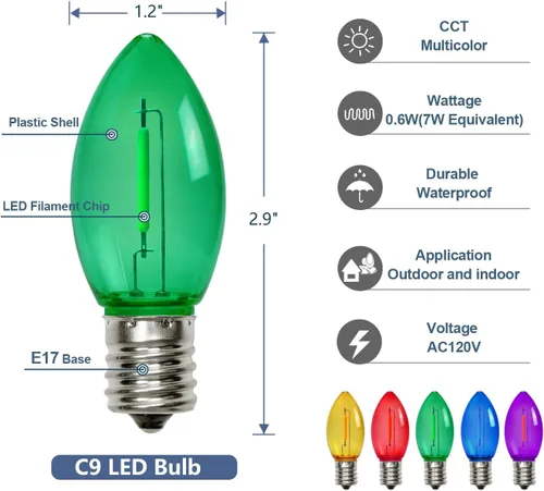 Vista 2 de C9 Luces de Cadena de Navidad, 25 pies 26 Bombillas Brillantes y Multicolores para Exteriores, Luces de Navidad para Techo, Patio, Jardín