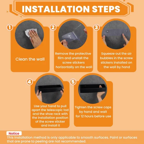 Vista 7 de Zapatero ajustable montado en la pared con tiras adhesivas para colgar, organizador de almacenamiento de plástico para zapatos, perchas para zapatos