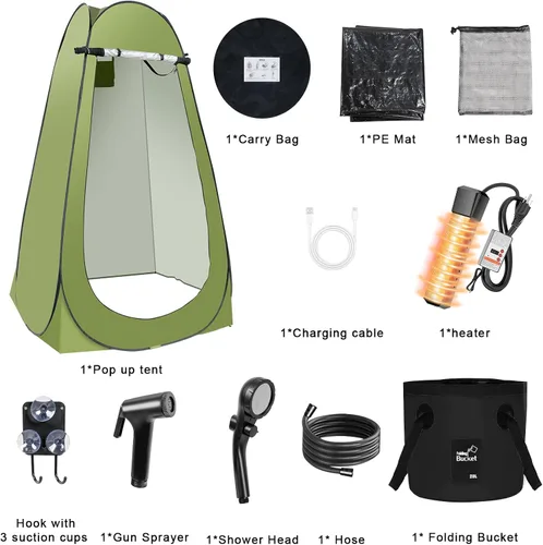 Vista 9 de Tienda de Campaña de Ducha Caliente Portátil para Acampar, Tienda de Privacidad Desplegable con Ducha de Camping Recargable con Calentador de Agua