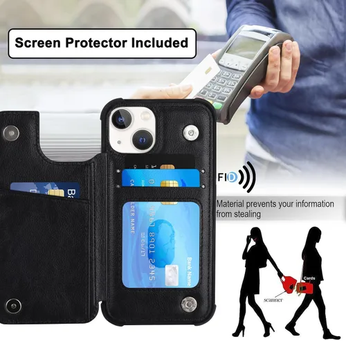 Vista 4 de VANAVAGY Funda tipo cartera compatible con iPhone 13 Mini para mujeres y hombres, funda de piel sintética con tapa para teléfono compatible con Negro