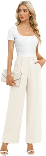 Vista 4 de Feiersi Pantalones de trabajo de negocios para mujer, de cintura alta, pantalones de pierna ancha, pantalones largos y rectos con bolsillo
