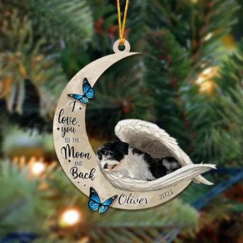 Vista 118 de Adorno colgante personalizado de ángel durmiendo en la luna, perro sabueso afgano, nombre personalizado, acrílico impreso en 2D plano – cumpleaños