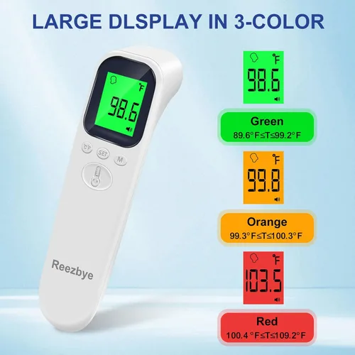 Vista 2 de Termómetro sin contacto – Termómetro digital de frente para bebés, niños y adultos, alarma de fiebre de 3 colores, 2 en 1 modo de frente y objeto