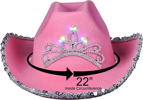 Vista 3 de ArtCreativity Sombrero de vaquero rosa iluminado para niñas, sombrero de vaquera brillante con lentejuelas y una deslumbrante tiara LED, lindo
