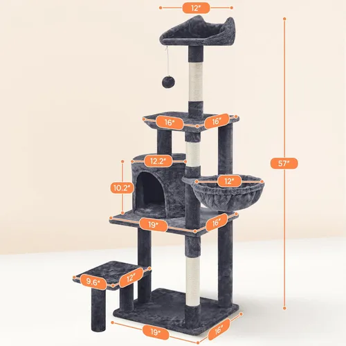 Vista 3 de Yaheetech Torre de árbol para gatos de varios niveles de 57 pulgadas con plataforma extendida, percha acolchada, postes rascadores y bola — centro