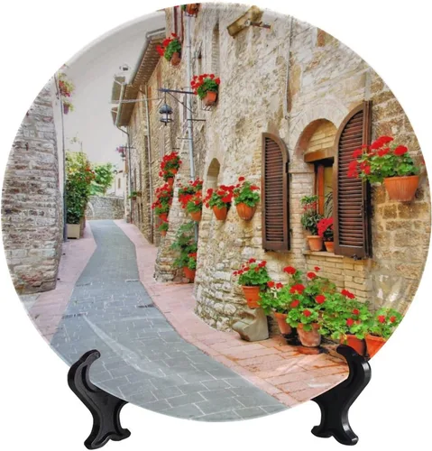 Vista 33 de Plato decorativo colgante de cerámica con temática de paisaje, plato decorativo redondo de plantas en maceta, con soporte decorativo, para sala