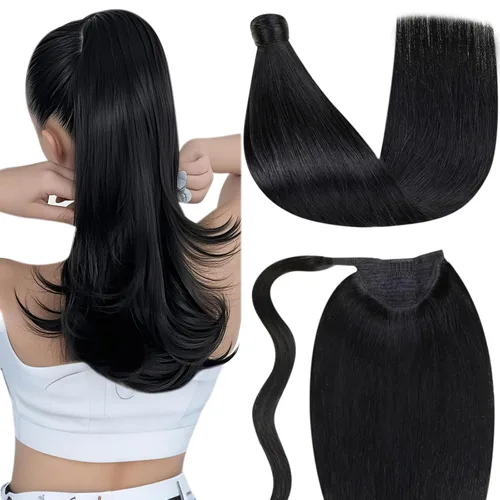 Vista 9 de LaaVoo Extensión de cola de caballo de cabello humano marrón para mujer, extensiones de cola de caballo marrón oscuro, extensiones de cabello humano