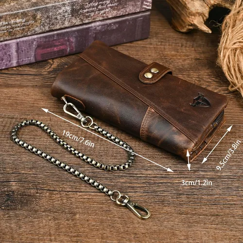 Vista 3 de Genuino Caballo Loco Cuero Regalo de Viaje Moneda Bolsillo Tarjetero Organizador Largo Cadena Rfid Cartera Monedero Con Broche Para Hombres Hombres