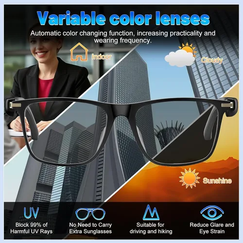 Vista 5 de Lentes inteligentes de traducción AI Pro con 138 idiomas, gafas Bluetooth compatibles con ChatGPT, lente fotocromática con altavoces de oreja