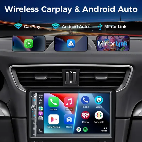 Vista 2 de Estéreo de auto doble DIN con pantalla táctil HD de 7 pulgadas, Apple Carplay inalámbrico y Android Auto, Bluetooth, 240W, SWC, salida de subwoofer