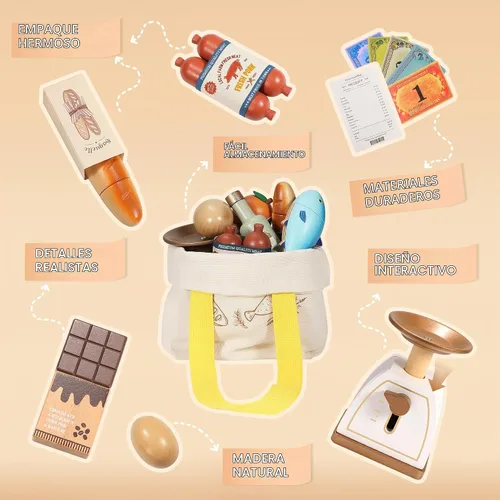 Vista 4 de Pithfor Juego de alimentos de madera para niños pequeños, tienda de comestibles, comida de simulación, compras y juegos, accesorios de cocina
