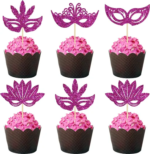 Vista 12 de 24 máscaras de mascarada, adornos para cupcakes, color negro y dorado con purpurina para despedida de soltera, para fiestas de cumpleaños, fiestas