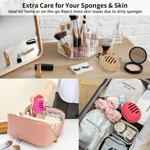Vista 5 de 4 piezas de soporte para Beauty Blender Estuche de soporte para esponja de maquillaje de silicona transpirable de doble cara para viajes o uso