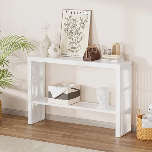 Vista 15 de Mesa consola estrecha de bambú de 47.2 pulgadas, mesa auxiliar de granja de 2 niveles, mesa de entrada rectangular, moderna mesa de sofá detrás