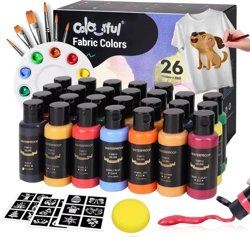 Vista 8 de Colorful Pintura permanente para tela, 14 colores de pintura de tela suave en botellas (1.0 fl oz/1 oz) con pinceles, paleta, pintura textil