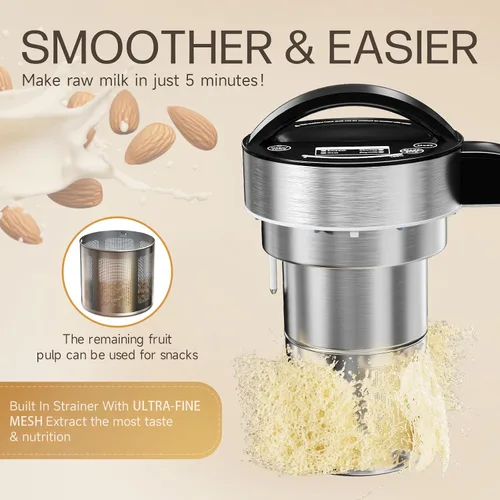 Vista 2 de Máquina para hacer leche de almendras de acero inoxidable 304 (filtro integrado) 50 onzas, 6-7 tazas por lote, licuadora de cocina 8 en 1 para hacer