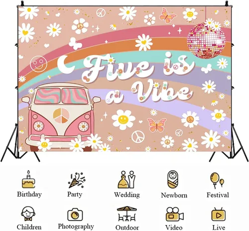 Vista 5 de Five is a Vibe Girl - Fondo de fotografía para fiesta de cumpleaños de 5 años, diseño de arco iris rosa, flores blancas pequeñas, telón de fondo