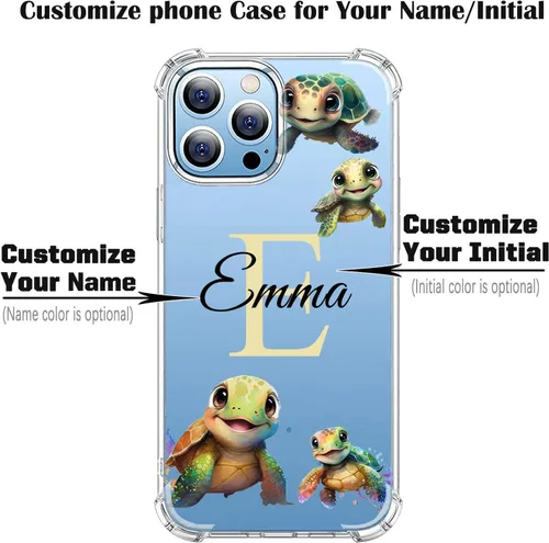 Vista 2 de Nombre personalizado e inicial – Cute Turtle - Funda transparente para iPhone 16 Pro Max 15 14 13 12 11 Xs Max Xr SE3 8 7 6 Plus 11 Pro Mini
