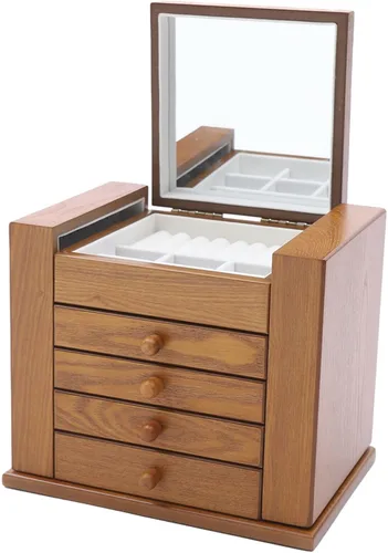 Vista 5 de Joyero multicapa de madera, caja de almacenamiento grande, organizador de joyería, collar, caja de almacenamiento con espejo para niñas y mujeres, 5