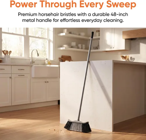 Vista 3 de Superio Escoba gris, escoba resistente para interiores y exteriores con mango de 48 pulgadas, limpieza de suelos multisuperficie para el hogar Gris