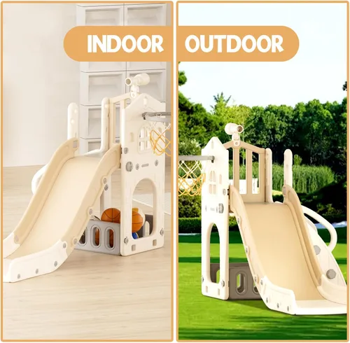 Vista 8 de YUFU Tobogán 5 en 1 para niños pequeños, tobogán para niños con escalador, aro de baloncesto y pelota, juego para interiores y exteriores para niños