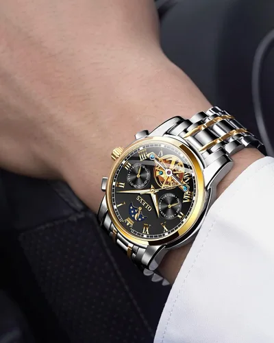 Vista 4 de OLEVS Relojes automáticos para hombre, diseño de esqueleto Tourbillon, cuerda automática, reloj de pulsera de lujo, fase lunar, fecha, impermeable