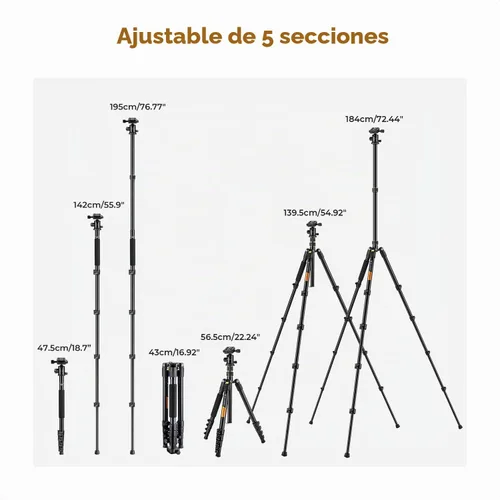 Vista 5 de K&F CONCEPT Trípode de aluminio de 72" para cámara