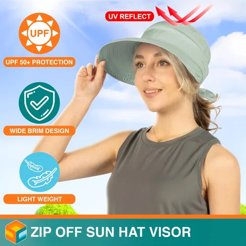 Vista 22 de SUN CUBE Sombrero de sol para mujer para protección UV al aire libre, sombrero de sol de ala ancha, cola de caballo, sombrero de playa convertible