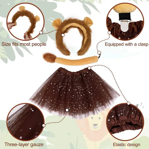 Vista 7 de Conjunto de disfraz de león de 3 piezas, diadema con orejas de león con cola y tutú para mujer, accesorios de fiesta de cosplay de Halloween