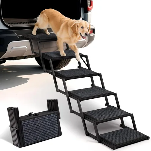 Vista 8 de Escaleras plegables para perros grandes, con superficie antideslizante, rampa ligera con capacidad para hasta 250 libras, 5 escalones