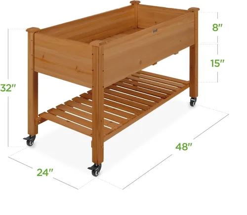 Vista 7 de Best Choice Products Cama de jardín elevada de 48 x 24 x 32 pulgadas, maceta móvil de madera elevada con ruedas bloqueables, estante